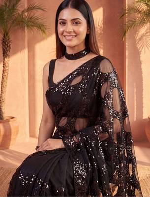 Black embellished sequinned net designer saree 3