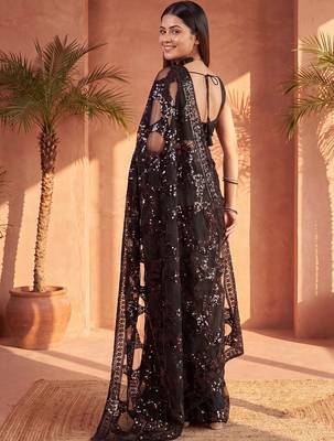 Black embellished sequinned net designer saree 4