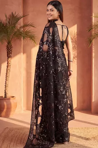 Black embellished sequinned net designer saree