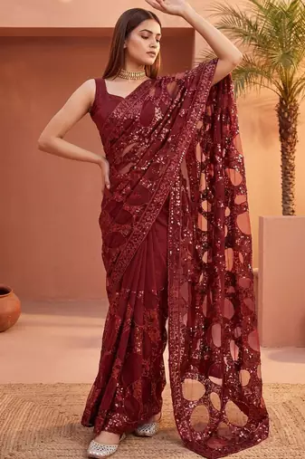 Maroon sequinned net designer saree