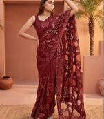 Maroon sequinned net designer saree