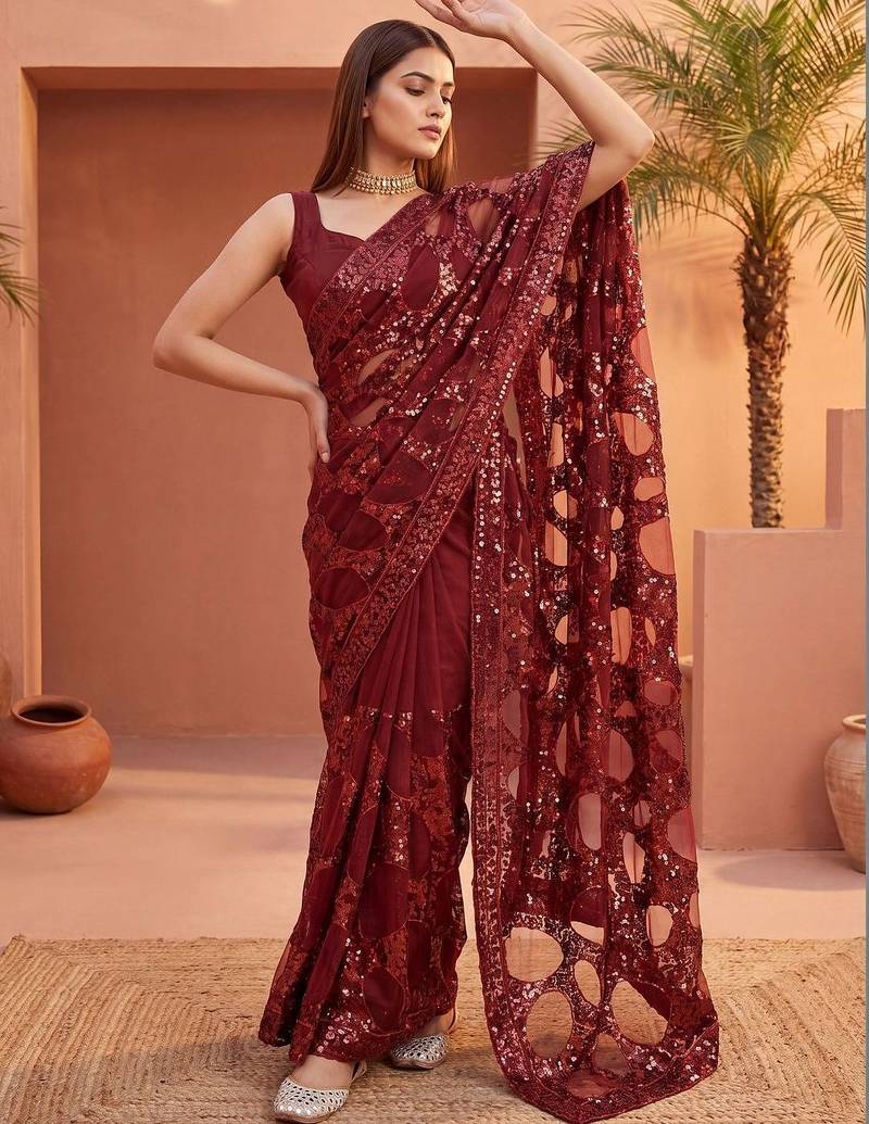 Maroon sequinned net designer saree
