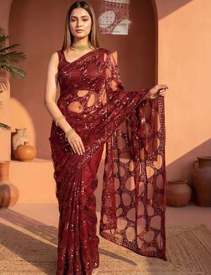 Maroon sequinned net designer saree 2