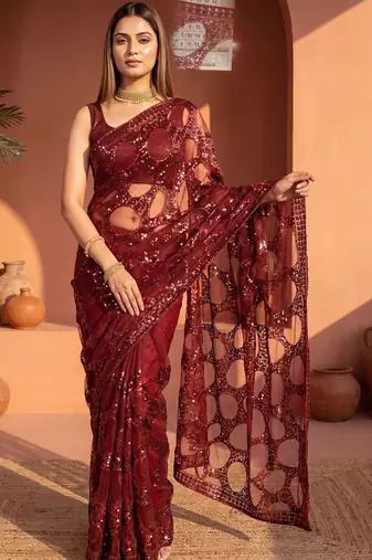 Maroon sequinned net designer saree