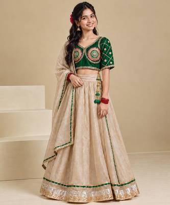 Bottle green and beige embroidered tissue organza lehenga set 1