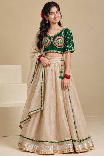 Bottle green and beige embroidered tissue organza lehenga set
