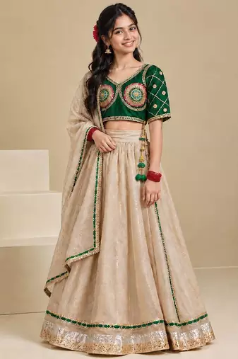 Bottle green and beige embroidered tissue organza lehenga set