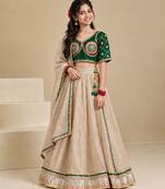 Bottle green and beige embroidered tissue organza lehenga set