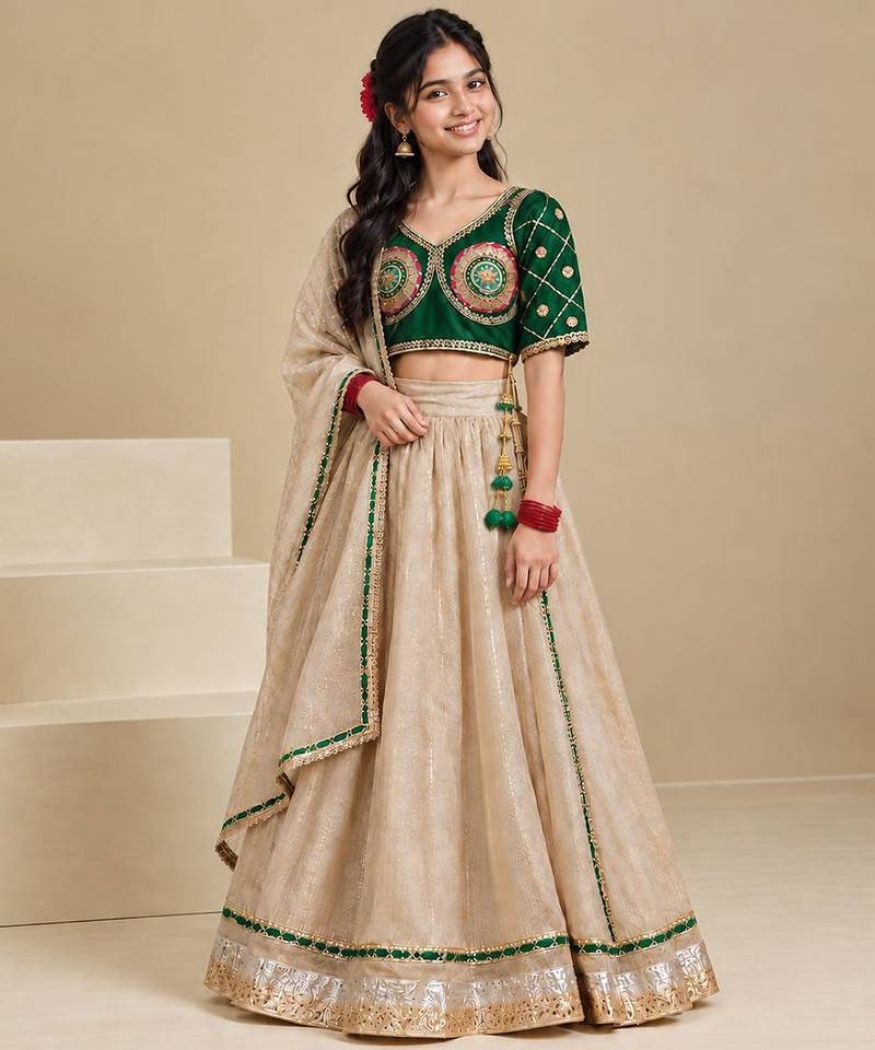 Bottle green and beige embroidered tissue organza lehenga set