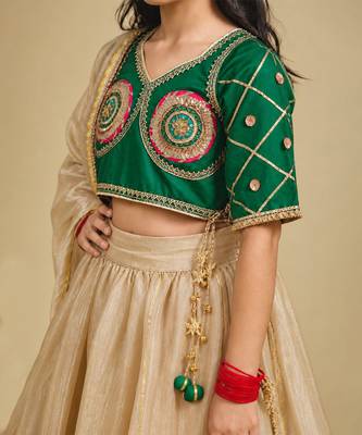 Bottle green and beige embroidered tissue organza lehenga set 2