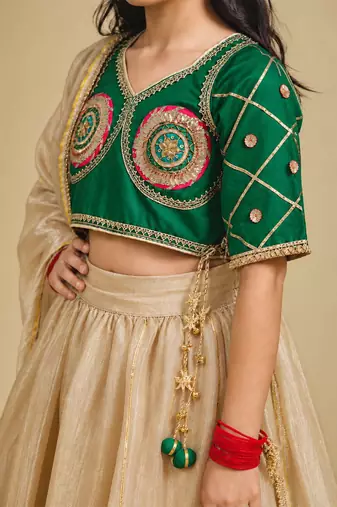 Bottle green and beige embroidered tissue organza lehenga set
