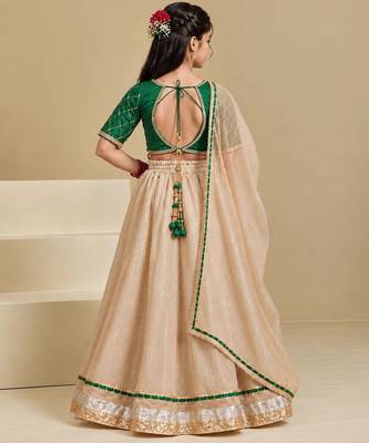 Bottle green and beige embroidered tissue organza lehenga set 3