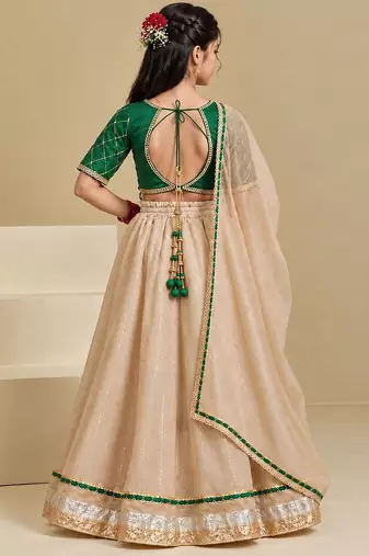 Bottle green and beige embroidered tissue organza lehenga set