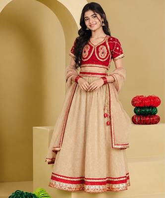 Red and beige embroidered tissue organza lehenga set 1