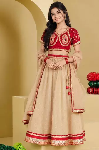 Red and beige embroidered tissue organza lehenga set