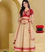 Red and beige embroidered tissue organza lehenga set