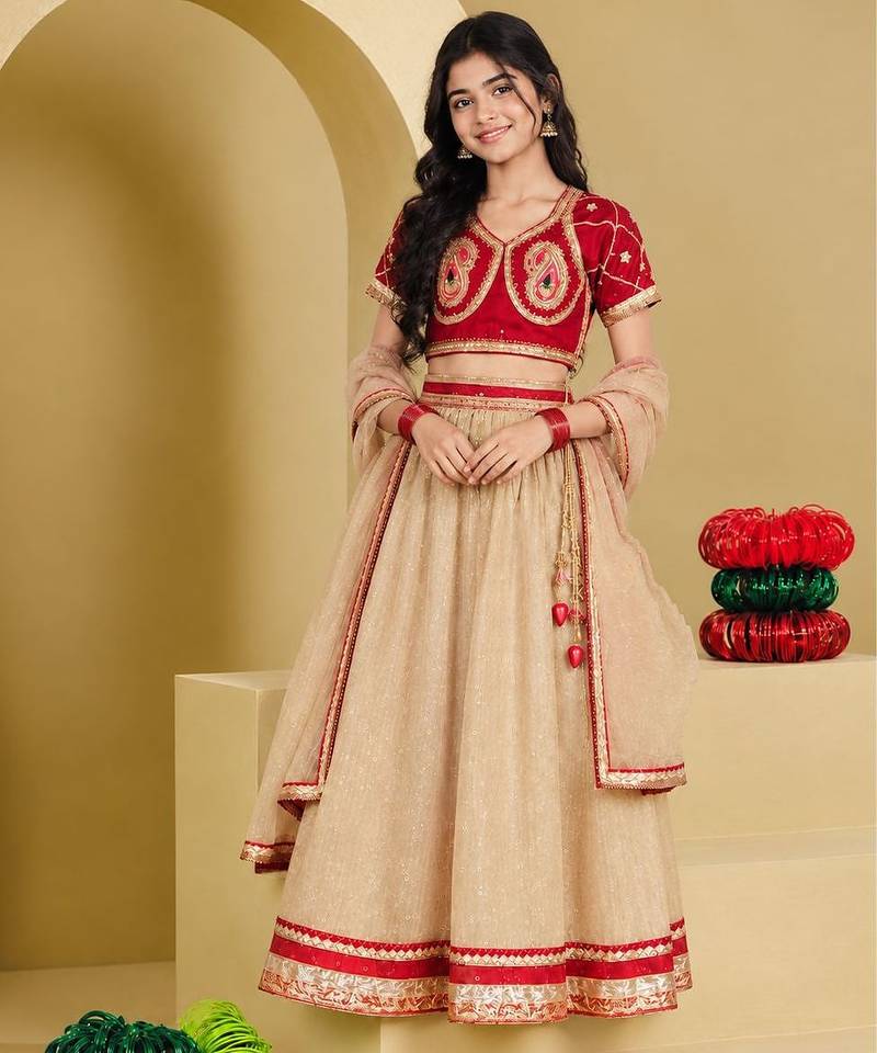 Red and beige embroidered tissue organza lehenga set