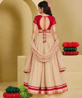 Red and beige embroidered tissue organza lehenga set 2