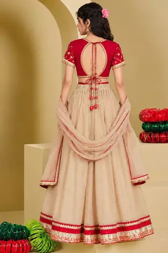 Red and beige embroidered tissue organza lehenga set