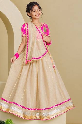 Neon pink and beige embroidered tissue organza lehenga set