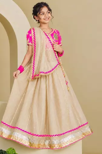 Neon pink and beige embroidered tissue organza lehenga set