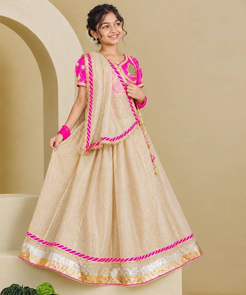 Neon pink and beige embroidered tissue organza lehenga set