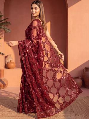Maroon sequinned net designer saree 3
