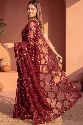 Maroon sequinned net designer saree