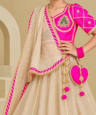 Neon pink and beige embroidered tissue organza lehenga set 2