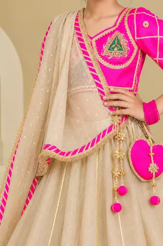 Neon pink and beige embroidered tissue organza lehenga set