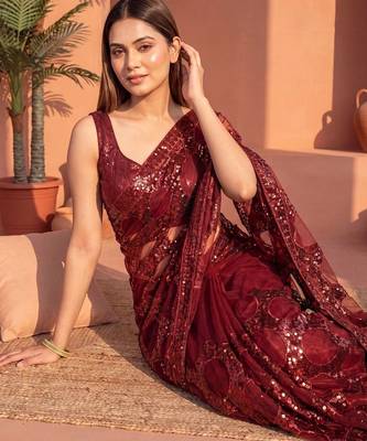 Maroon sequinned net designer saree 4