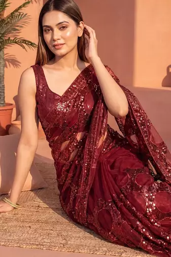 Maroon sequinned net designer saree