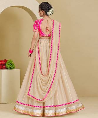 Neon pink and beige embroidered tissue organza lehenga set 3