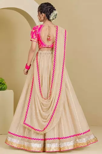 Neon pink and beige embroidered tissue organza lehenga set