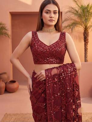 Maroon sequinned net designer saree 5