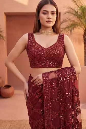 Maroon sequinned net designer saree