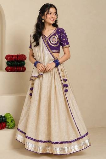 Purple and beige embroidered tissue organza lehenga set