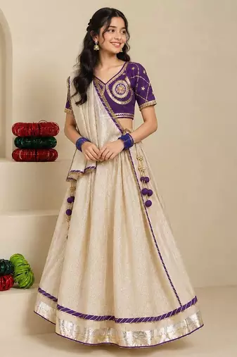 Purple and beige embroidered tissue organza lehenga set