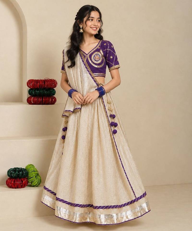 Purple and beige embroidered tissue organza lehenga set