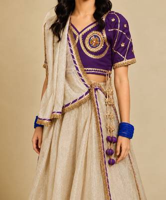 Purple and beige embroidered tissue organza lehenga set 2