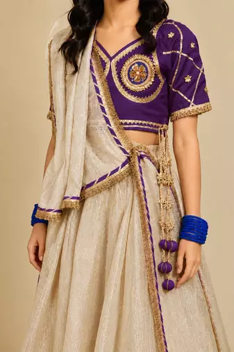 Purple and beige embroidered tissue organza lehenga set