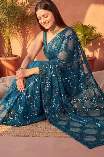 Teal embellished sequinned net designer saree
