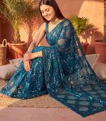 Teal embellished sequinned net designer saree