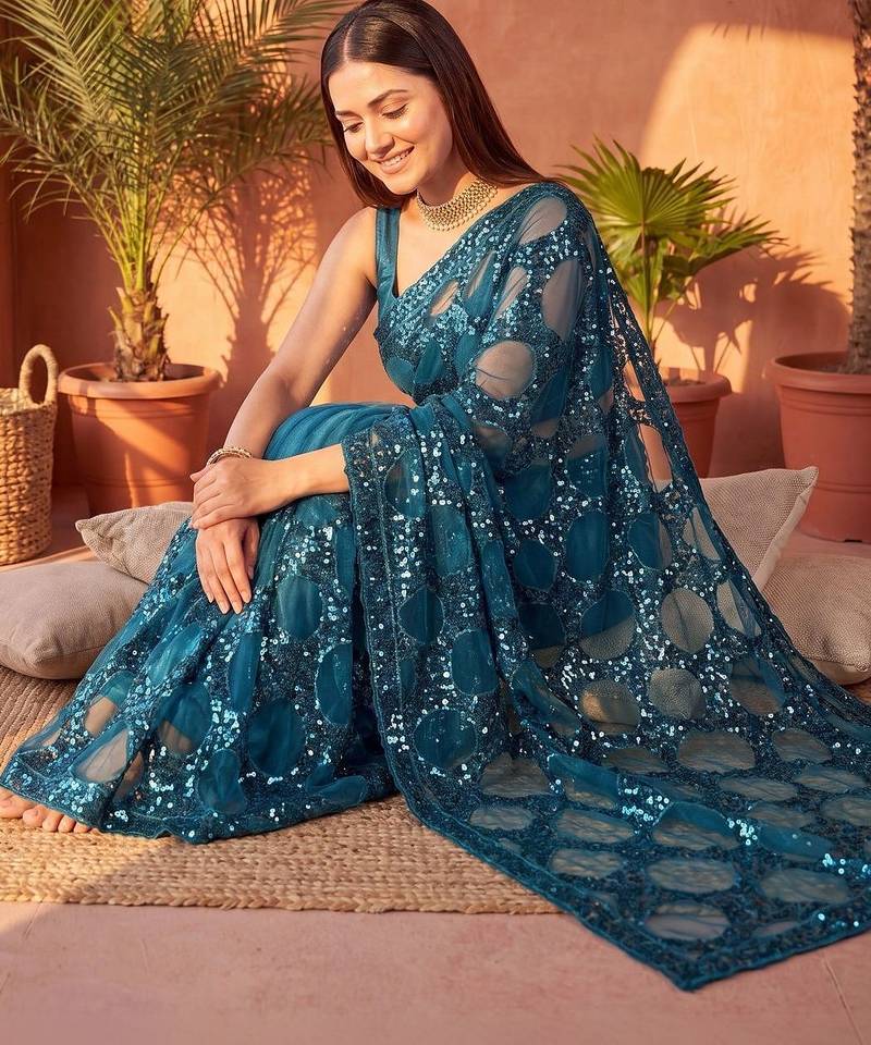 Teal embellished sequinned net designer saree