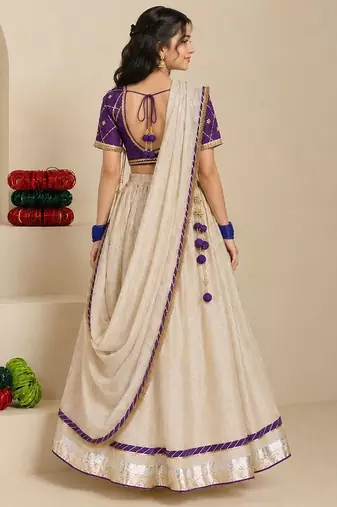 Purple and beige embroidered tissue organza lehenga set