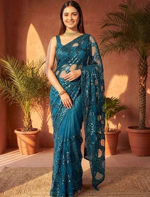 Teal embellished sequinned net designer saree 2