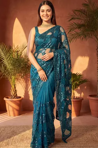 Teal embellished sequinned net designer saree