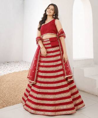 Red sequins embroidered georgette lehenga set 1