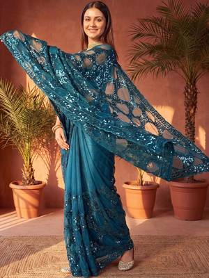 Teal embellished sequinned net designer saree 3