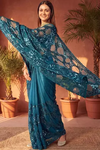 Teal embellished sequinned net designer saree